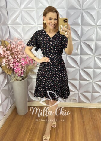 Vestido Analu Estampado com Botão - Preto - Milla Chic