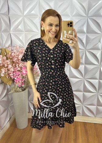 Vestido Analu Estampado com Botão - Preto - Milla Chic