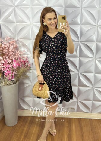 Vestido Analu Estampado com Botão - Preto - Milla Chic