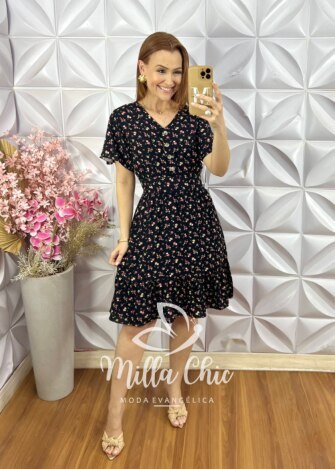 Vestido Analu Estampado com Botão - Preto - Milla Chic