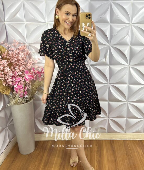 Vestido Analu Estampado com Botão - Preto - Milla Chic