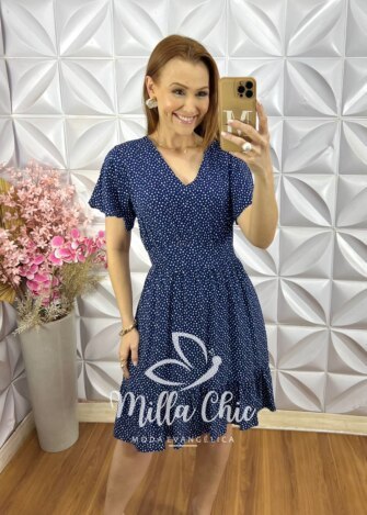 Vestido Analu Poá - Azul Marinho - Milla Chic