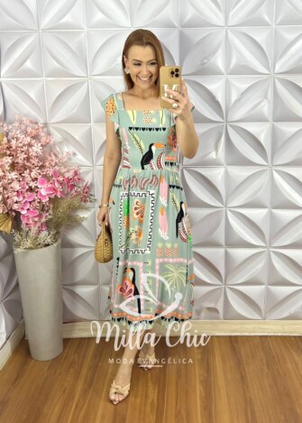 Vestido Aretha em Viscose Tropical - Verde Sálvia - Milla Chic