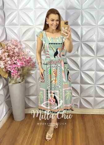 Vestido Aretha em Viscose Tropical - Verde Sálvia - Milla Chic