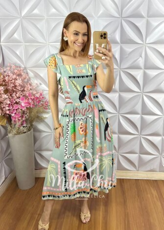 Vestido Aretha em Viscose Tropical - Verde Sálvia - Milla Chic