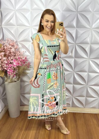 Vestido Aretha em Viscose Tropical - Verde Sálvia - Milla Chic