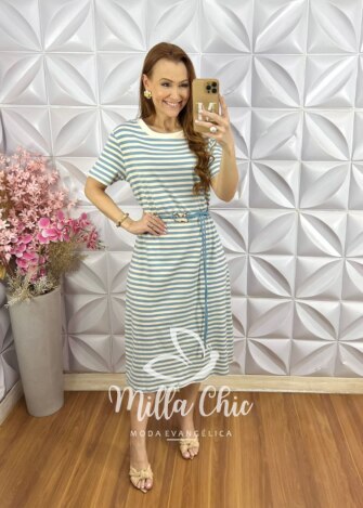Vestido Áurea em Malha Algodão - Azul - Milla Chic