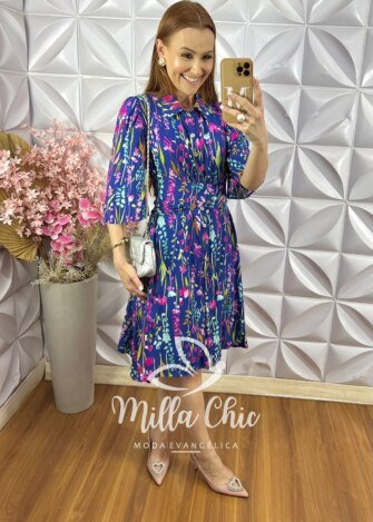 Vestido Aurora em Viscolinho - Estampa Aquarela - Milla Chic