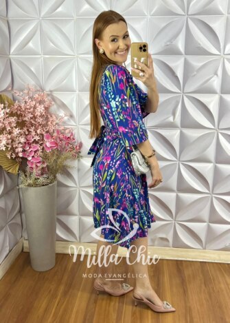 Vestido Aurora em Viscolinho - Estampa Aquarela - Milla Chic