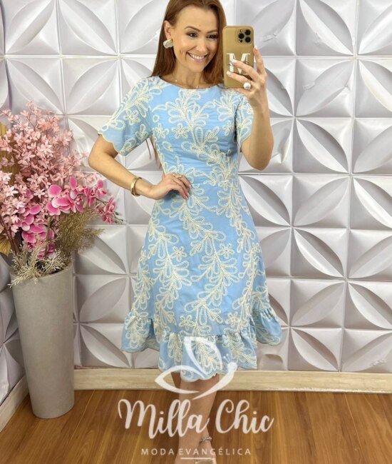 Vestido Carlota Lesie Bordado - Azul Baby - Milla Chic