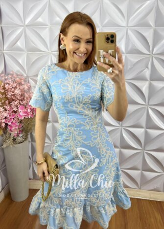 Vestido Carlota Lesie Bordado - Azul Baby - Milla Chic