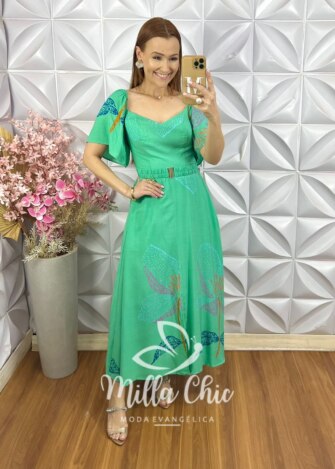Vestido Cássia em Viscolinho com Cinto - Verde Acqua - Milla Chic