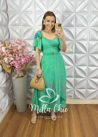Vestido Cássia em Viscolinho com Cinto - Verde Acqua - Milla Chic
