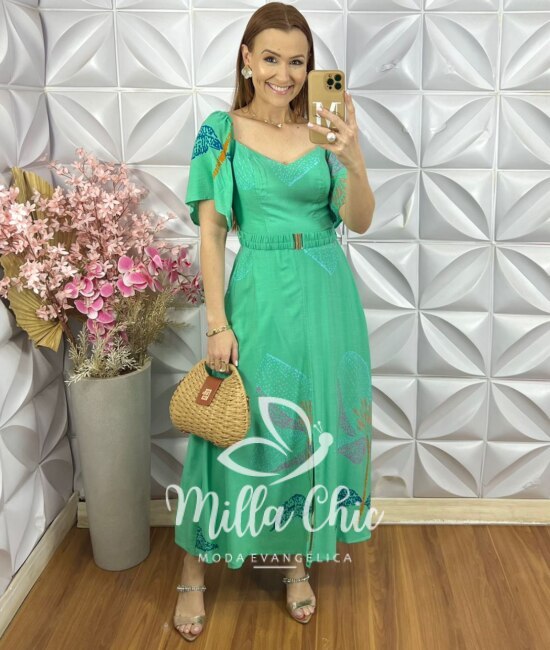 Vestido Cássia em Viscolinho com Cinto - Verde Acqua - Milla Chic