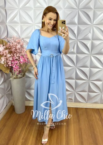 Vestido Celina em Viscose Sarjada - Azul - Milla Chic