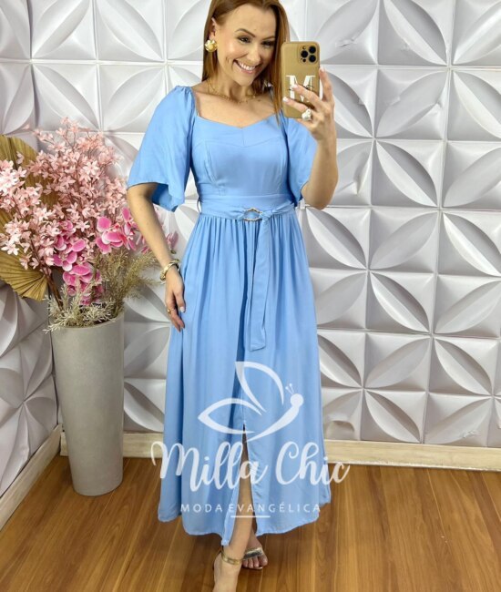 Vestido Celina em Viscose Sarjada - Azul - Milla Chic