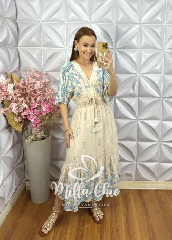 Vestido Chiara Estampa Azul - Off White - Milla Chic