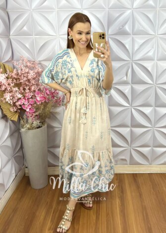 Vestido Chiara Estampa Azul - Off White - Milla Chic