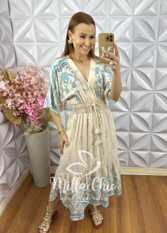 Vestido Chiara Estampa Azul - Off White - Milla Chic