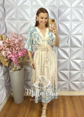 Vestido Chiara Estampa Azul - Off White - Milla Chic