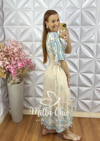 Vestido Chiara Estampa Azul - Off White - Milla Chic
