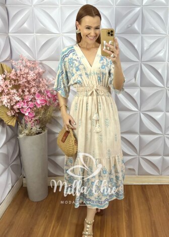 Vestido Chiara Estampa Azul - Off White - Milla Chic