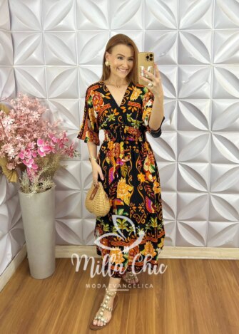 Vestido Chiara Estampa Verão - Laranja - Milla Chic