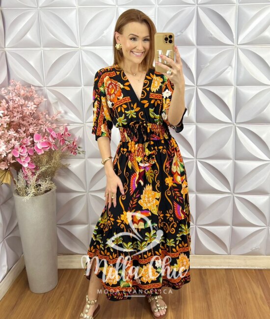Vestido Chiara Estampa Verão - Laranja - Milla Chic