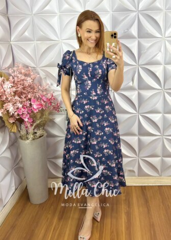Vestido Donatella Em Crepe Seda - Azul índigo - Milla Chic