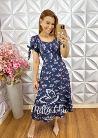 Vestido Donatella Em Crepe Seda - Azul índigo - Milla Chic