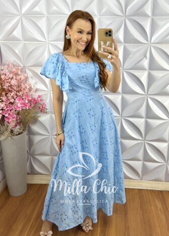 Vestido Ester em Lesie Algodão Bordada - Azul Baby - Milla Chic