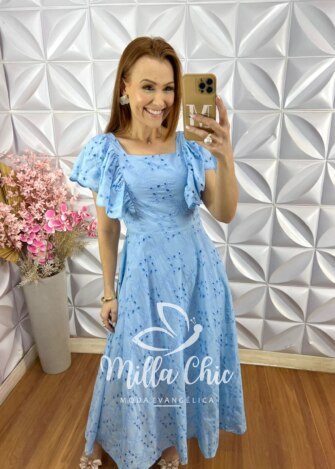 Vestido Ester em Lesie Algodão Bordada - Azul Baby - Milla Chic