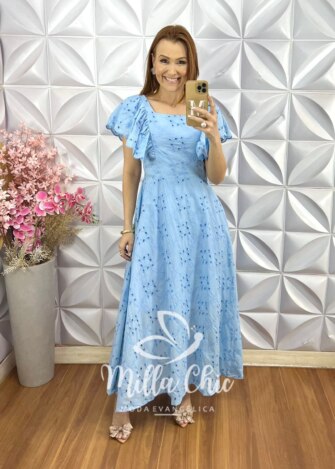 Vestido Ester em Lesie Algodão Bordada - Azul Baby - Milla Chic