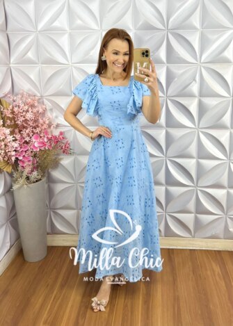 Vestido Ester em Lesie Algodão Bordada - Azul Baby - Milla Chic
