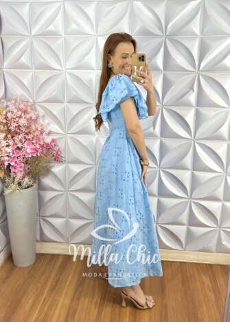 Vestido Ester em Lesie Algodão Bordada - Azul Baby - Milla Chic