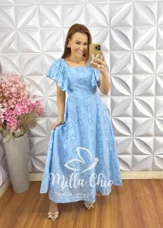 Vestido Ester em Lesie Algodão Bordada - Azul Baby - Milla Chic
