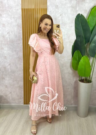 Vestido Ester em Lesie Algodão Bordada - Rosa - Milla Chic