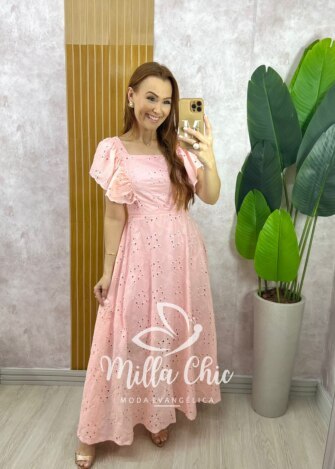 Vestido Ester em Lesie Algodão Bordada - Rosa - Milla Chic