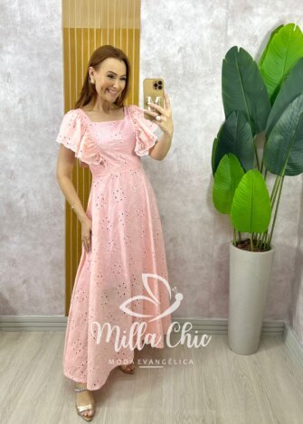 Vestido Ester em Lesie Algodão Bordada - Rosa - Milla Chic