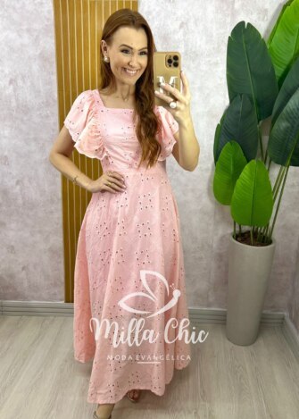 Vestido Ester em Lesie Algodão Bordada - Rosa - Milla Chic
