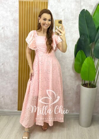 Vestido Ester em Lesie Algodão Bordada - Rosa - Milla Chic