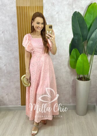 Vestido Ester em Lesie Algodão Bordada - Rosa - Milla Chic