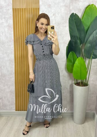 Vestido Eva em Viscolinho Listrado - Preto - Milla Chic