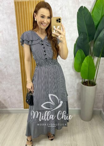 Vestido Eva em Viscolinho Listrado - Preto - Milla Chic