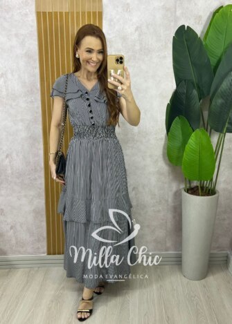Vestido Eva em Viscolinho Listrado - Preto - Milla Chic