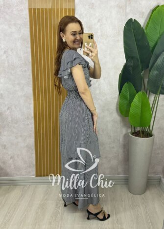 Vestido Eva em Viscolinho Listrado - Preto - Milla Chic