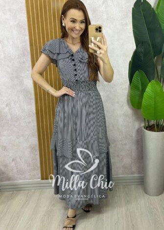 Vestido Eva em Viscolinho Listrado - Preto - Milla Chic
