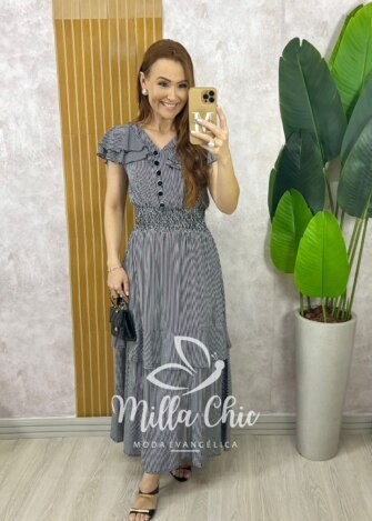 Vestido Eva em Viscolinho Listrado - Preto - Milla Chic