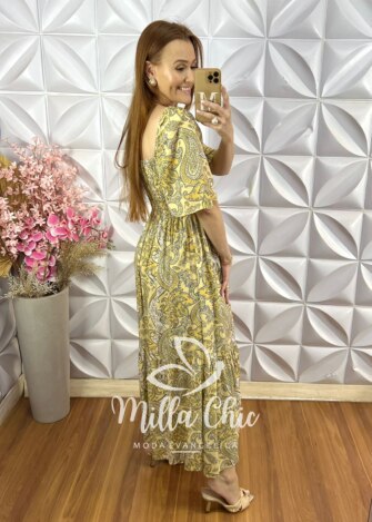 Vestido Fabiana em Viscolinho - Amarelo Palha - Milla Chic