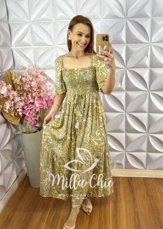 Vestido Fabiana em Viscolinho - Amarelo Palha - Milla Chic